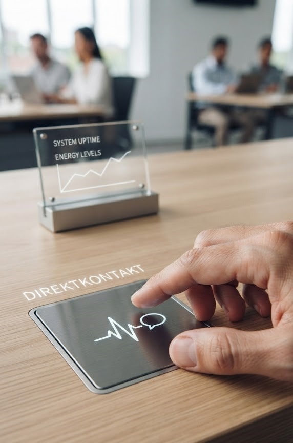 Nahaufnahme eines modernen Touch-Buttons auf einem Holztisch mit EKG-Pulskurve und Sprechblasensymbol zur Kontaktaufnahme für betriebliches Gesundheitsmanagement und Mitarbeitergesundheit von MASSIMOtraining.